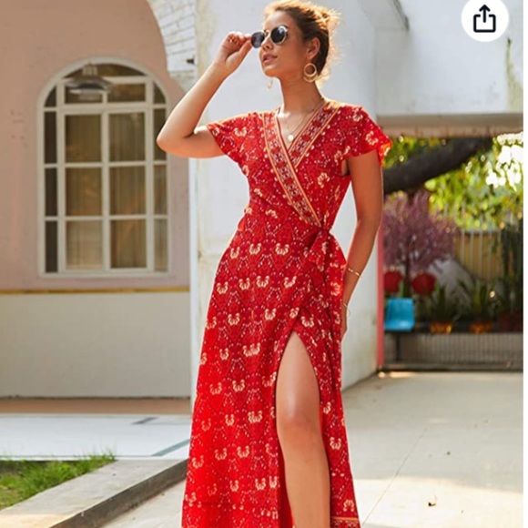 Red patterned boho wrap v neck maxi split dress - Picture 4 of 15